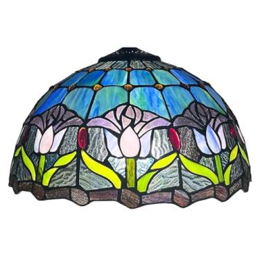 Imagem de Abajur de vidro colorido estilo Tiffany grande, 40 cm (16 polegadas), modelo Rose Baroque, com estampa floral de tulipa, ideal para luminárias de mesa, pendentes e de chão. Cor: Tulipa Azul.