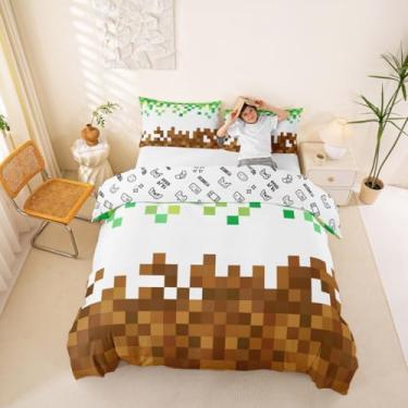 Imagem de Manfei Conjunto de capa de edredom Pixelated tamanho casal, conjunto de cama de patchwork geométrico, 3 peças para decoração de quarto, jogo de cama infantil mineiros, capa de edredom marrom verde com