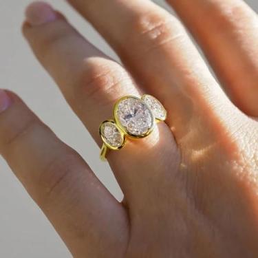 Imagem de 1 anel feminino de cobre banhado a ouro elegante em formato oval de zircão, adequado para feiras, tamanhos 6 a 10, 8, Metal, Zircônia cúbica