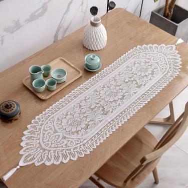 Imagem de 2 peças de caminho de mesa de renda com borlas, casa de fazenda Boho Doily Dollies florais vintage para mesas, decoração de mesa de cabeceira, 33 x 114 cm (branco)