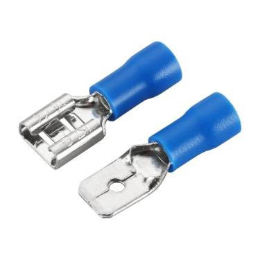 Imagem de ROUPWKWO 100 peças, 50 pares, 6,3 mm, 16 14 AWG, fêmea, macho, conector de fiação elétrica isolado, terminal de crimpagem, pá azul (50 pares azul)