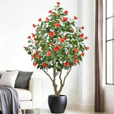 Imagem de Árvore artificial de hibisco, 2,2 m, planta falsa alta para ambientes internos com folhas realistas, 62 flores vermelhas, tronco grande, árvore de 218 cm em flor sintética em vaso branco para casa