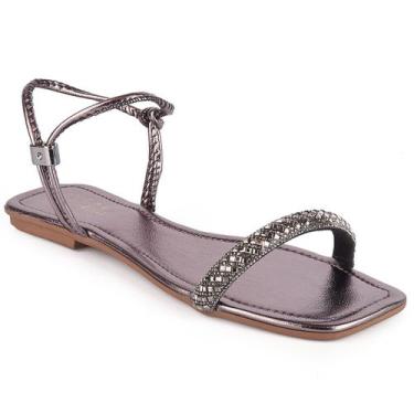 Imagem de Sandália Rasteira Feminina Metalizada Com Tira Grossa de Strass Confor