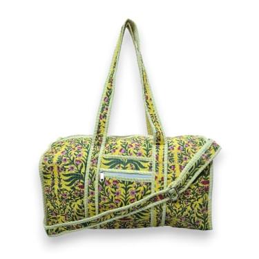 Imagem de Bolsa de viagem acolchoada de algodão para mulheres – Bolsa leve de fim de semana com alça de ombro, bolsos e tecido acolchoado macio – Mala de mão para viagem, academia, ioga e praia, Bolsa floral