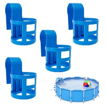Imagem de Pacote com 4 suportes de copo à beira da piscina para piscinas acima do solo, suporte de copo de piscina para bebidas refrescante, serve apenas para barra superior redonda de 5 cm ou menos - forte e durável, fácil de usar, com clipe e sem derramamento (azul)