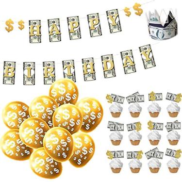 Imagem de YiiiGoood Kit de decoração com tema de dinheiro e placas de dólar, banner de aniversário, topos de cupcake, símbolos de moeda, conjunto de coroa para aniversário, cassino, chás de casamento, festa de formatura