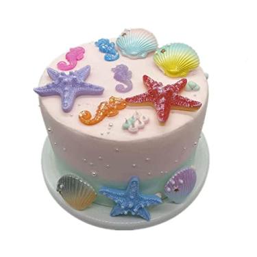 Imagem de 12 peças criaturas marinhas conchas marinhas estrela cavalo marinho topo de bolo para festa de aniversário chá de bebê decorações de bolo de casamento