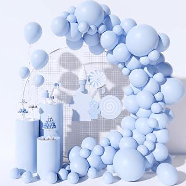 Imagem de Moukiween Balões azuis pastel, tamanhos diferentes, pacote com 100, kit de arco de guirlanda de balão azul claro para bebê, 45,7 cm, 30,5 cm, balões de látex azul macaron para chá de bebê, aniversário, casamento, decoração de festa de balões