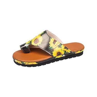 Imagem de Sandálias rasteiras brilhantes para mulheres sandálias de praia femininas chinelos casuais vazados sapatos rasos sandálias retrô (amarelo, 8)
