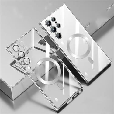 Imagem de MVVKKY Capa de carregamento magnética sem fio à prova de choque para Samsung S23 Ultra S23 S22Ultra S21 Plus Tampa traseira de vidro com lente transparente, prata, para Samsung S22