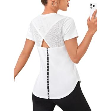 Imagem de SweatyRocks Camiseta feminina de manga curta para treino, leve, malha recortada nas costas, esportiva, atlética, academia, roupa esportiva, Branco, G