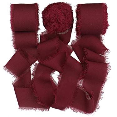 Imagem de SHUNSTONE Chiffon Fringe Silk Ribbon Handmade Burgundy Ribbon 1.5” x 7Yd x 3 Rolls for Gift Wrapping Wedding Decoration, Greeting Card, Bridal Bouquet (3 Rolls 21 Yards)