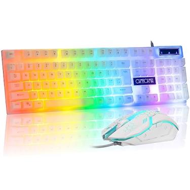 Imagem de CHONCHOW Combo de teclado e mouse LED, teclado com retroiluminação arco-íris de 104 teclas e mouse RGB de 7 cores, combinação de teclado e mouse para jogos branco para PC laptop Xbox PS4 Gamers and Work