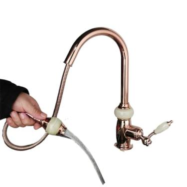 Imagem de Ouro rosa puxar para baixo giratória cozinha pedra jade único punho torneira deck montado misturador de água fria e quente, ouro rosa