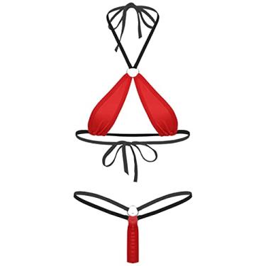 Imagem de YQHWLKJ Biquíni extremo conjunto de lingerie sexy fantasia erótica para mulher fato de banho gola halter roupa de dormir com cordões para sexo - vermelho, tamanho único