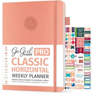 Imagem de GoGirl Planner PRO - Planejador e organizador semanal de layout horizontal sem data + páginas de rastreamento de orçamento e despesas, diário e agenda de metas, capa dura 18 x 25 cm, dura 1 ano - rosa