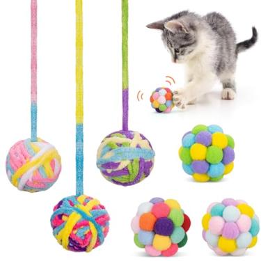 Imagem de Retro Shaw 6 bolas de brinquedos para gatos, bola de fio de lã para gatos com sino dentro, brinquedos interativos para gatos internos, chute de mastigar gatinho, bola de brinquedo colorida e macia