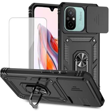 Imagem de Yodueiv Capa para Redmi 12C/Poco C55/Redmi 11A com protetor de tela de vidro temperado e capa de câmera deslizante, anel magnético suporte para carro capa protetora para Xiaomi Redmi 12C preta