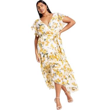 Imagem de City Chic Vestido de manga curta Faux Wrap Hi Lo Plus Size - Estampa floral amarela, Pétala perfeita de manteiga, 48