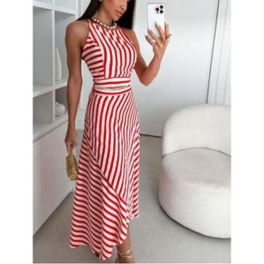 Imagem de CONJUNTO FEMININO SAIA MIDI ENVELOPE E TOP CROPPED REGATA ALCINHA LISTRADO-Feminino