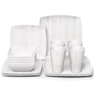 Imagem de Conjunto de louça de melamina, 16 peças, aparência de madeira, utensílios de louça, canecas quadradas, copo de madeira, madeira, plástico, pratos externos, tigelas, serviço durável para 4