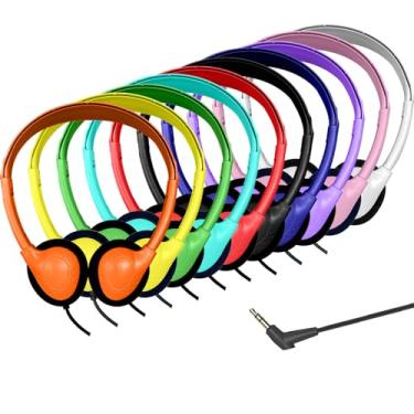 Imagem de Ladont Pacote com 10 fones de ouvido infantis em massa para sala de aula escolar, fones de ouvido com fio multicoloridos para crianças, estudantes, crianças, conector de 3,5 mm (pacote com 10)