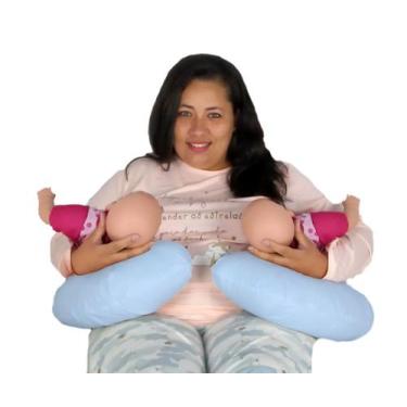 Imagem de Almofada De Amamentação Bebe Gêmeos Happy Line, Azul aço