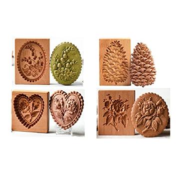 Imagem de Molde de biscoito de gengibre de madeira esculpida, molde de madeira 3D para assar biscoitos, prensa de biscoitos, conjunto de cortadores de biscoito com carimbo de biscoito Provance Rose, molde de