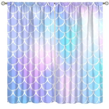 Imagem de Cortinas de sereia, desenho animado aquarela pastel animal marinho sereia princesa escama blackout tratamento de janelas, cortinas com isolamento térmico para crianças, quarto de meninas, berçário