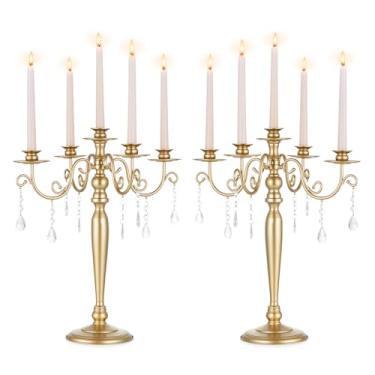 Imagem de Sziqiqi Centro de mesa de candelabro de casamento: candelabros de 5 braços para castiçais - Conjunto de 2 castiçais dourados para evento de festa de aniversário de noivado de Natal