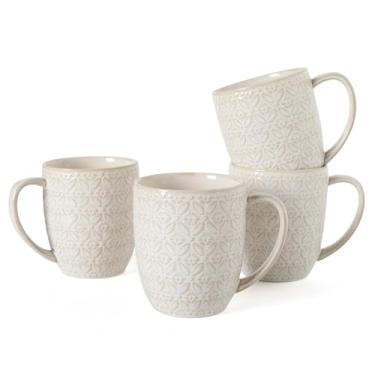 Imagem de Conjunto de canecas de café de cerâmica de 473 ml, xícaras de café brancas grandes com alças, conjuntos de canecas de porcelana em relevo com padrões para chá, leite, latte, mocha, cacau, cappuccino