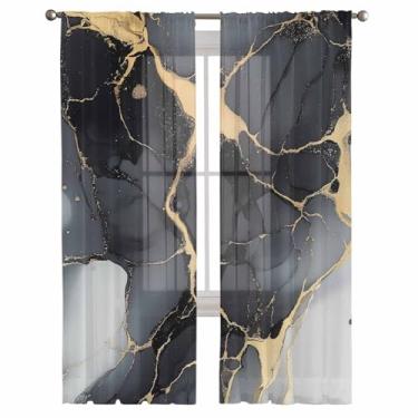 Imagem de Cortinas semitransparentes 213 cm C, cortinas com bolso para varão, arte abstrata, preto, dourado, mármore, gradiente, textura, tratamentos de janela, filtro de luz para sala de estar, cozinha, quarto
