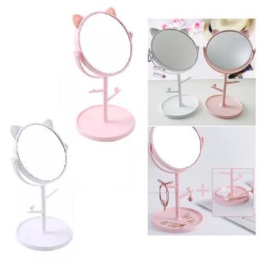 Imagem de 2 Espelhos De Mesa Redondo Gatinho Porta Jóias Kit Maquiagem - Saz