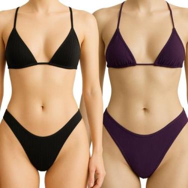 Imagem de Kit 2 Biquini Cortininha Asa Delta Sem Bojo De Amarrar Tecido Canelado