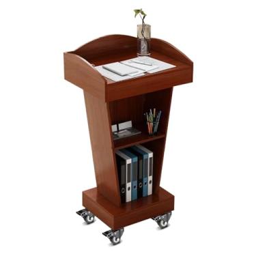 Imagem de BGEDL Pódio de madeira com 4 rodas traváveis, suporte de palestras de fala estável no chão, mesa de recepção de pódio portátil, púlpito de palestras de madeira para palestras de igrejas e salas de