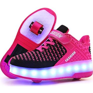 Imagem de Ufatansy tênis de skate com rodinhas recarregáveis USB para meninos e meninas, tênis fashion com rodas, superfície de malha confortável, dia de Ação de Graças, melhor presente de Natal, J-double Pink, 4 Big Kid