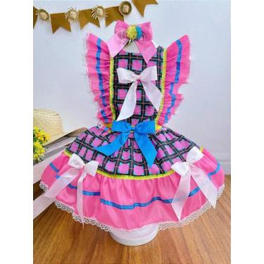 Imagem de Vestido Infantil Junino Rosa Chiclete Xadrez Colorido Festas - Fabulos