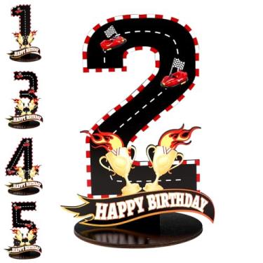 Imagem de Logotipo Número Aniversário Carro Corrida, Peça Central Madeira Tema Raça com Padrões Pista Corrida e Troféus para Decoração Festas Aniversário Acessórios para Fotos(Número 2)