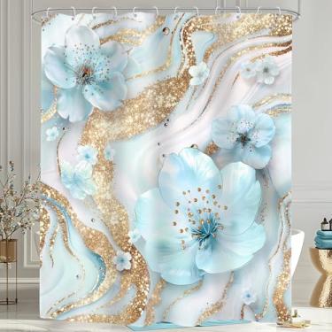Imagem de Omifly Cortina de chuveiro de mármore azul e dourado 182 cm L x 192 cm abstrata moderna flor de cerejeira floral planta de flor simples textura de tinta luxuosa com 12 ganchos de plástico tecido