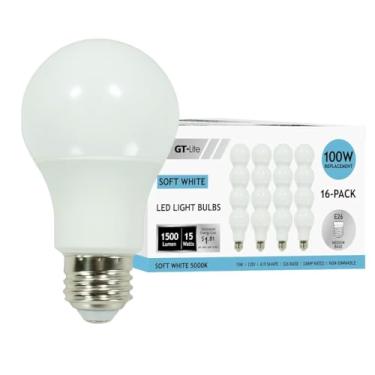 Imagem de GT-Lite Pacote com 16 lâmpadas LED, substituição para incandescente de 100 watts, usa apenas 15 watts, 5000K, formato A19 de 1500 lm, base média E26, lâmpada doméstica padrão para lâmpadas, sala de