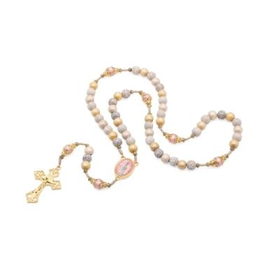 Imagem de Intercession Terço religioso de contas de madeira, Medalha Nossa Senhora de Fátima, crucifixo dourado