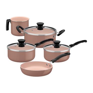 Imagem de Jogo de Panelas Tramontina Évora 5 Peças Revestimento Cerâmico Tampas de Vidro Capuccino