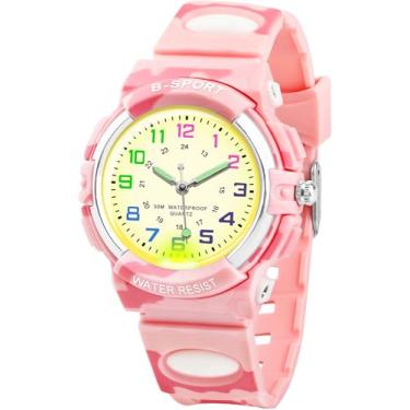 Imagem de Edillas Relógio infantil analógico para meninas e meninos, à prova d'água, relógios de pulso de quartzo para crianças, estudantes com pulseira de silicone macio, fácil de ler, Rosa camuflado - luzes
