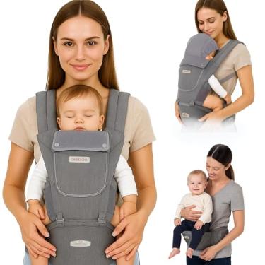 Imagem de AIEBAO Bolsa Para Bebê Canguru Exclusive, Ergonômico, Protetor de Sol e Chuva, Com Assento, 03 Modos de Uso, Apoio Lombar, Bolso Frontal e Lateral com Zíper, Até 48 Meses, Suporta 36kg, Acolchoado, Fivelas Ajustáveis, Cinza.