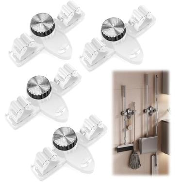 Imagem de Pacote com 4 suportes de vassoura, suporte de parede, sem broca, ventosa e organizador de vassoura com ganchos, suporte ajustável para economia de espaço, clipe removível para banheiro, cozinha