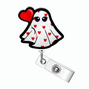 Imagem de Carretel de crachá de dia dos namorados, carretéis de crachá de fantasma, retrátil, com glitter, suporte retrátil para crachá de dia dos namorados com clipe jacaré, porta-crachá de identificação