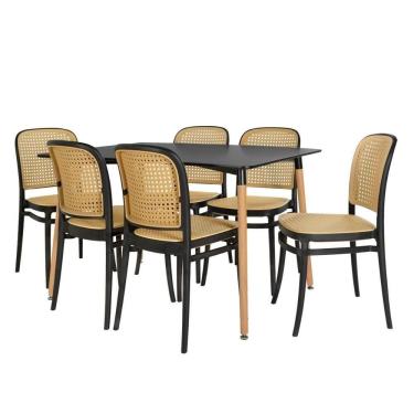 Imagem de Conjunto Mesa De Jantar Retangular Eiffel Preta 120x80cm Com 6 Cadeiras Roma - Preto