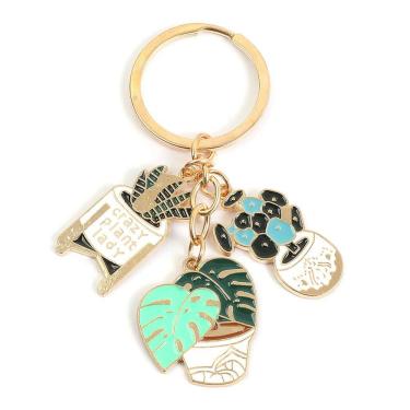 Imagem de Conjunto de chaveiros: planta suculenta, cacto, vaso, liga de zinco