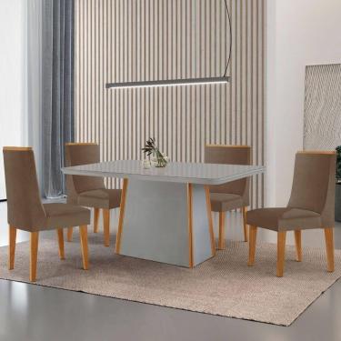 Imagem de Mesa De Jantar Diane 120cm Tampo Mdf Vidro 4 Cadeiras Lisboa Moderna Veludo Capuccino Off White Serigrafia