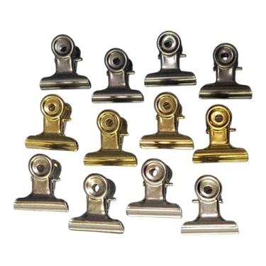 Imagem de LLY 50 clipes de dobradiça de metal pequenos com caixa – 21,5 mm x 22,6 mm, 3 cores misturadas (ouro, prata, antiprata), clipes de papel para fichário de metal para escritório, fotos, artesanato em